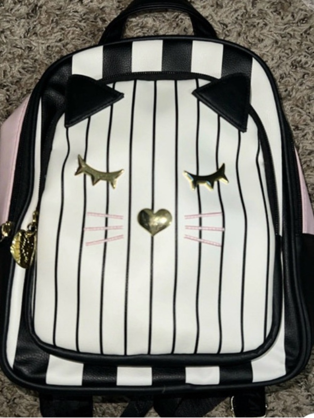 Luv Betsey Johnson Striped Cat Mini Backpack Kitty Face Pink Black Whiskers